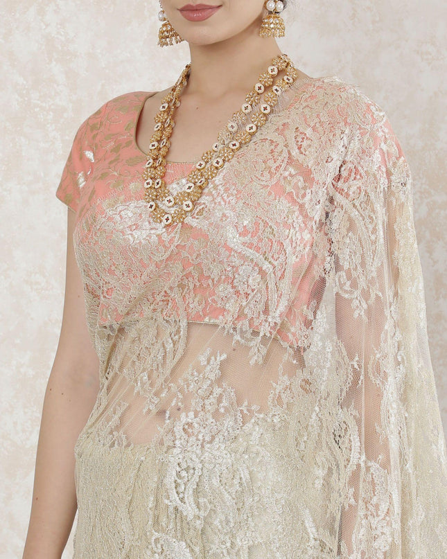 Light gold Premium pure French metallic lace saree in floral design-D14499
