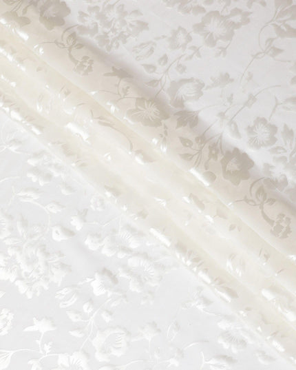 Off white premium pure silk chiffon fabric with same tone jacquard having metallic lurex in floral design-D12329