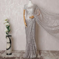 Light lilac, gold, silver Premium pure metallic French chantilly lace saree in floral design-D14914