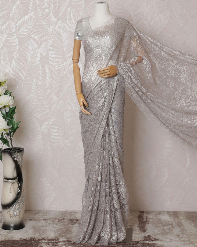 Light lilac, gold, silver Premium pure metallic French chantilly lace saree in floral design-D14914