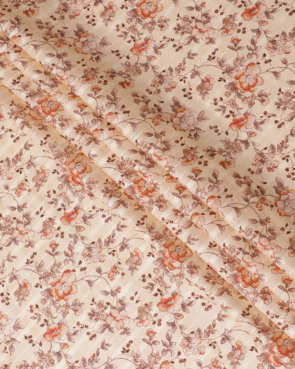 قماش ساتان قطني باللون البيج الفاتح مع طباعة باللونين البني والخوخي بتصميم الأزهار-D15286