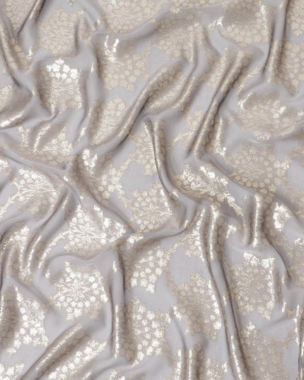 Flint grey premium pure silk chiffon fabric with gold metallic lurex in fancy design-D10151