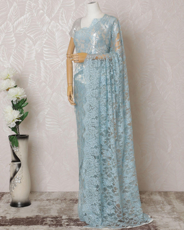 Baby blue, blonde yellow Premium pure French two tone chantilly lace saree in floral design-D14565