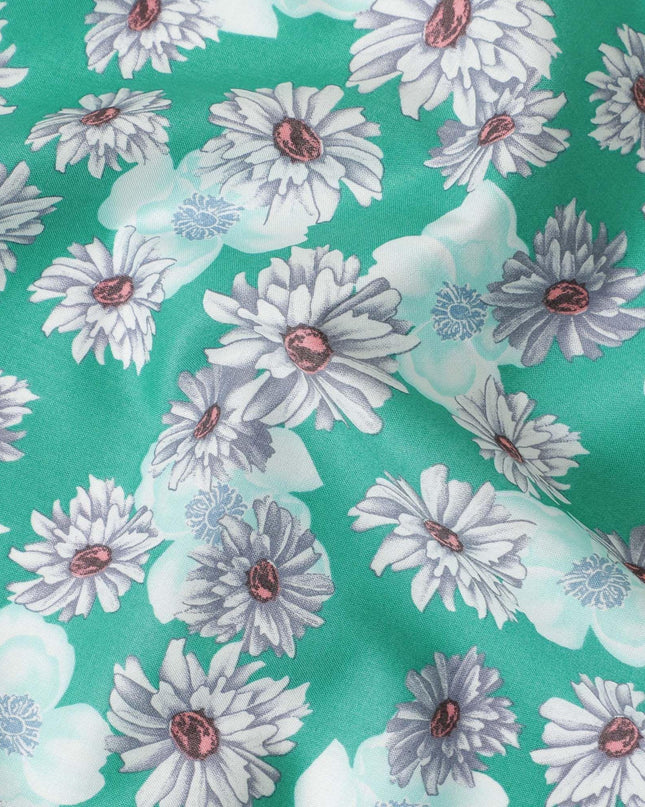 Dark Jade green cotton lawn fabric with off white, silver grey and turquoise blue print in floral design-D10847 Regal Fabrics