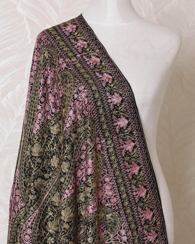 Black Premium pure kashmiri shawl with gold and baby pink jacquard in floral design-D14939