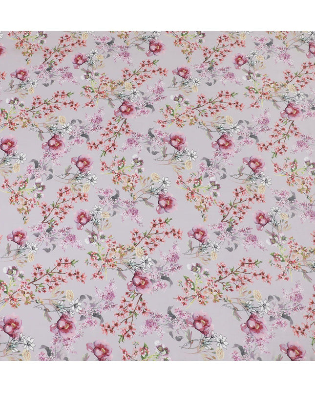 Light lilac synthetic crepe fabric with multicolor print in floral design-D14459