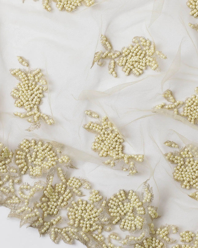 Gold nylon tulle fabric with same tone embroidery, pearls in Floral Design-D11728 Regal Fabrics