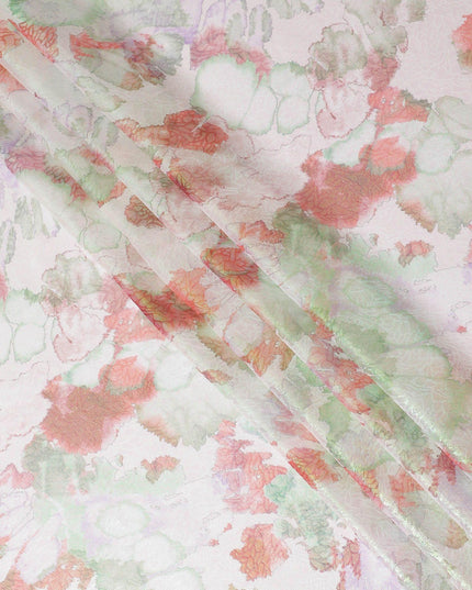 قماش شيفون من الحرير الخالص باللون الأبيض الفاتح مع طباعة متعددة الألوان مع لوريكس معدني باللون الأخضر النيون بتصميم الأزهار-D14653