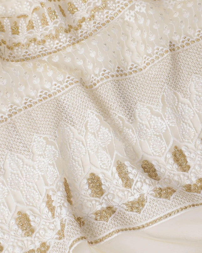 Gold nylon tulle fabric with white and gold embroidery having gold sequins in fancy design-D6906 Regal Fabrics