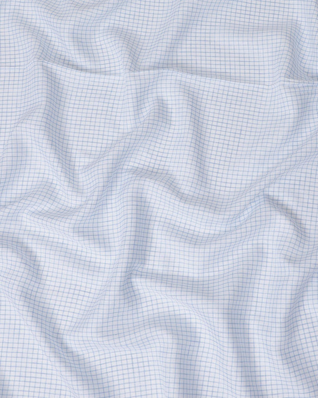 قماش الكتان الخالص الأبيض الفاخر مع طباعة زرقاء فاتحة بتصميم المربعات -D12277