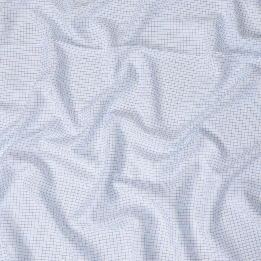 قماش الكتان الخالص الأبيض الفاخر مع طباعة زرقاء فاتحة بتصميم المربعات -D12277