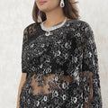 Black, Cloud grey two tone Premium French chantilly lace saree having stone work in floral design-D9588