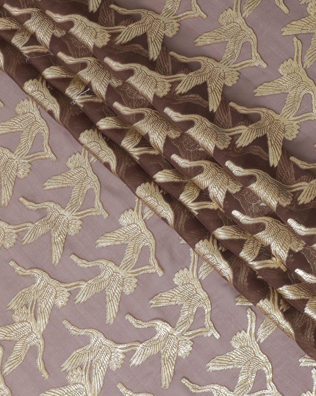 قماش شيفون من الحرير الخالص باللون البني مع لوركس معدني ذهبي بتصميم فاخر -D10534