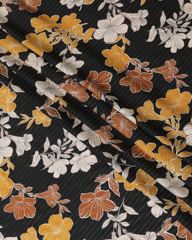 Black viscose crepe printed fabric with multi colour prints and metallic lurex in floral design-D11163
