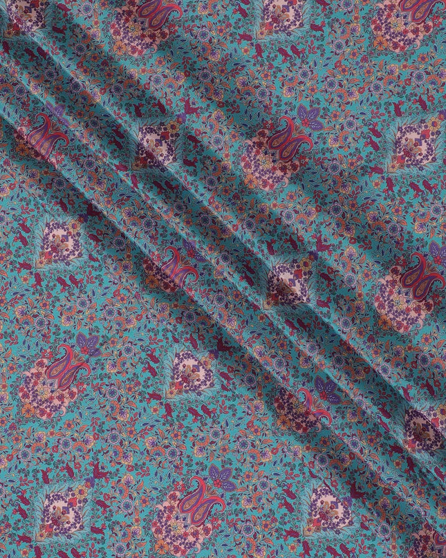 Sea blue synthetic crepe fabric with multicolor print in floral design-D15025 Regal Fabrics