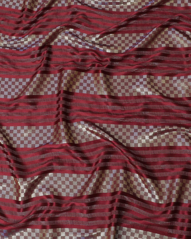 Maroon synthetic crepe fabric with gold metallic lurex weave in stripe design-D15383