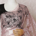 Rose pink, silver Premium pure French metallic chantilly saree lace having stone work in floral design-D14590