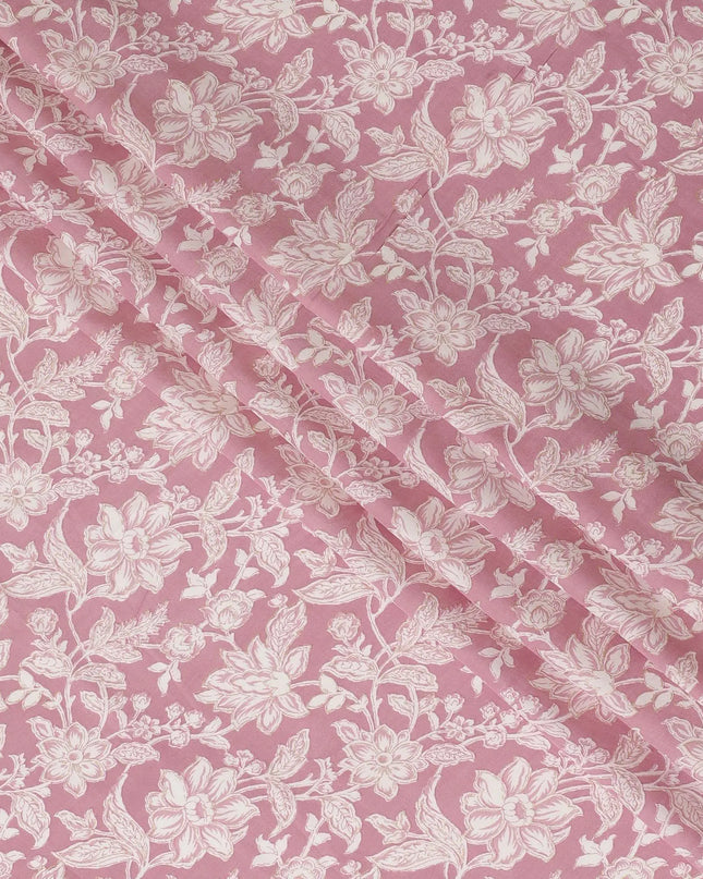 Rose pink cotton lawn fabric with beige print in floral design-D14262 Regal Fabrics