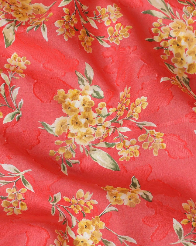 Crimson red uragiri cotton fabric with same tone jacquard having mustard, olive green and black print in floral design-D14321 Regal Fabrics