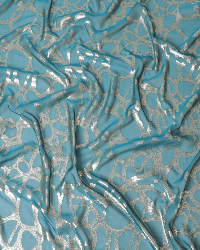 قماش شيفون من الحرير الخالص باللون الأزرق البحري مع لوريكس معدني ذهبي بتصميم تجريدي -D7982