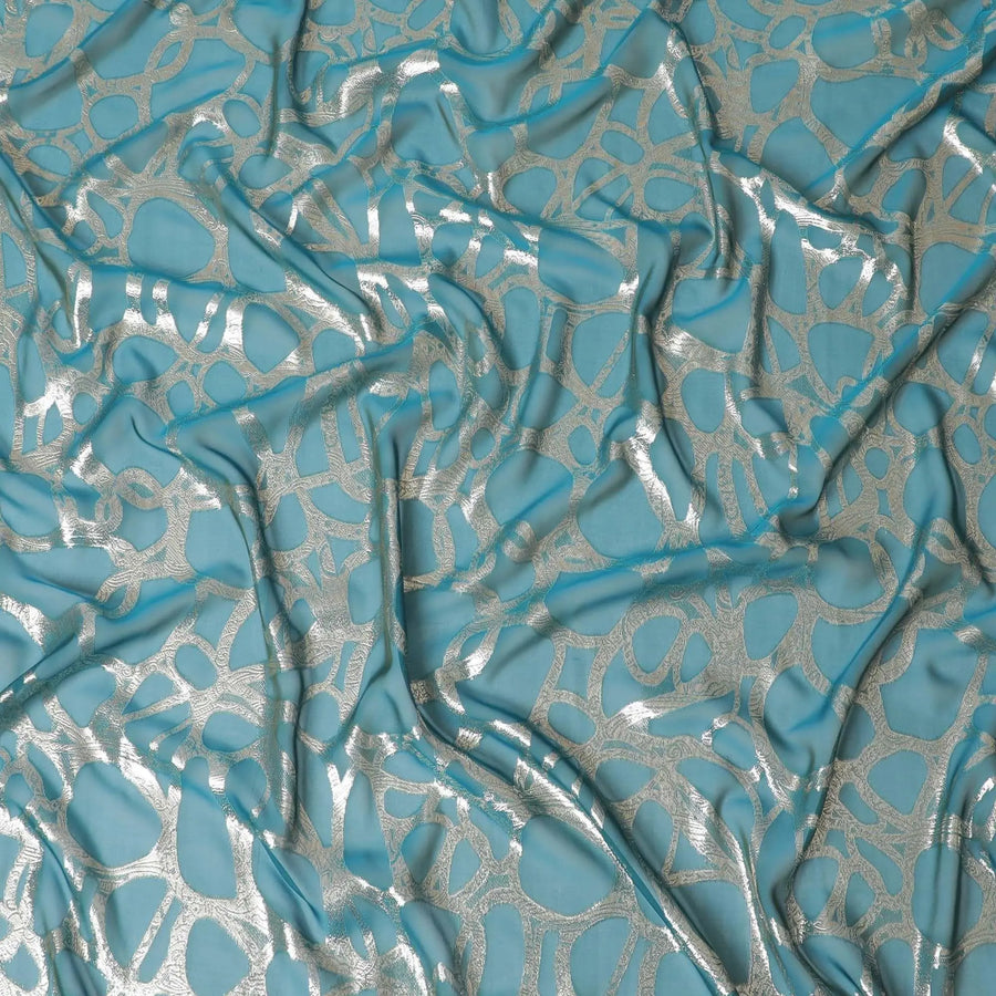 Sea Blue Pure silk chiffon fabric with gold metallic lurex in abstract design-D7982 Regal Fabrics
