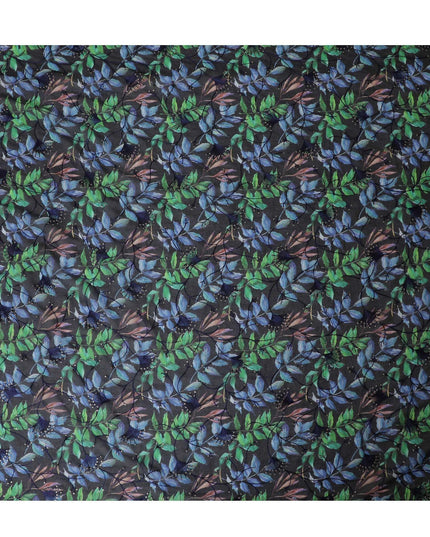 قماش الفوال القطني الخالص الفاخر باللون الأزرق الداكن مع طباعة متعددة الألوان مع تطريز بنفس اللون والترتر بتصميم الأزهار-D13256