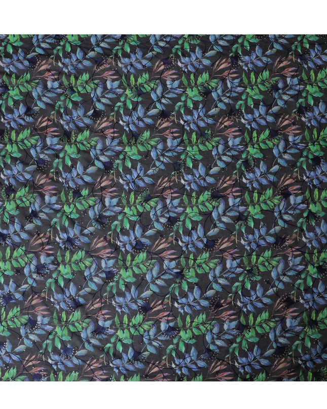 قماش الفوال القطني الخالص الفاخر باللون الأزرق الداكن مع طباعة متعددة الألوان مع تطريز بنفس اللون والترتر بتصميم الأزهار-D13256