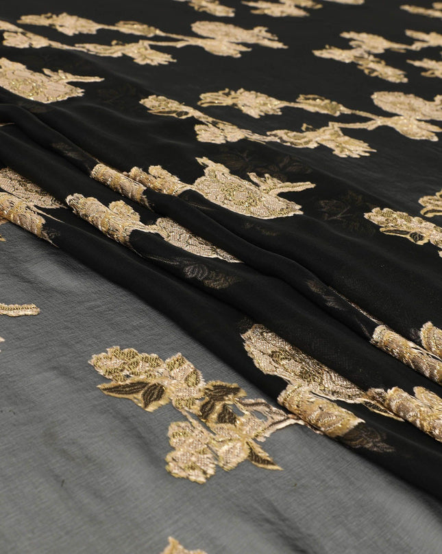 Black French silk chiffon fabric with beige, gold viscose and golden metallic lurex in floral design