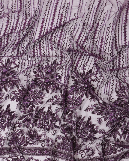 Dark Mauve purple nylon tulle fabric with same tone embroidery having sequins in fancy design -D6682