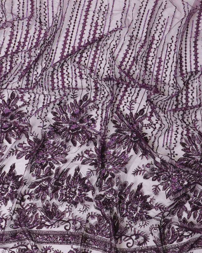 Dark Mauve purple nylon tulle fabric with same tone embroidery having sequins in fancy design -D6682 Regal Fabrics