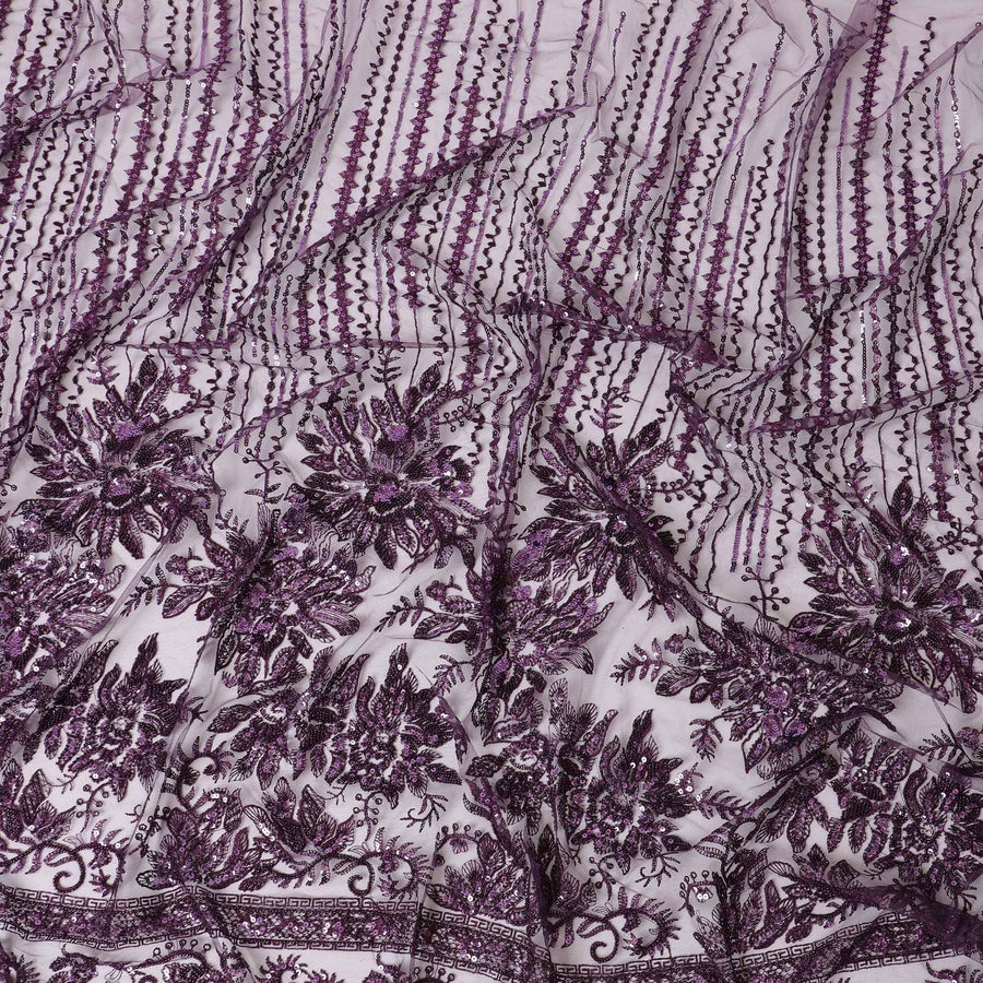 Dark Mauve purple nylon tulle fabric with same tone embroidery having sequins in fancy design -D6682