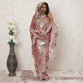 Flamingo pink Premium pure French (Fransawi) silk chiffon thobe with black viscose and gold metallic lurex in floral design-D14375 Regal Fabrics