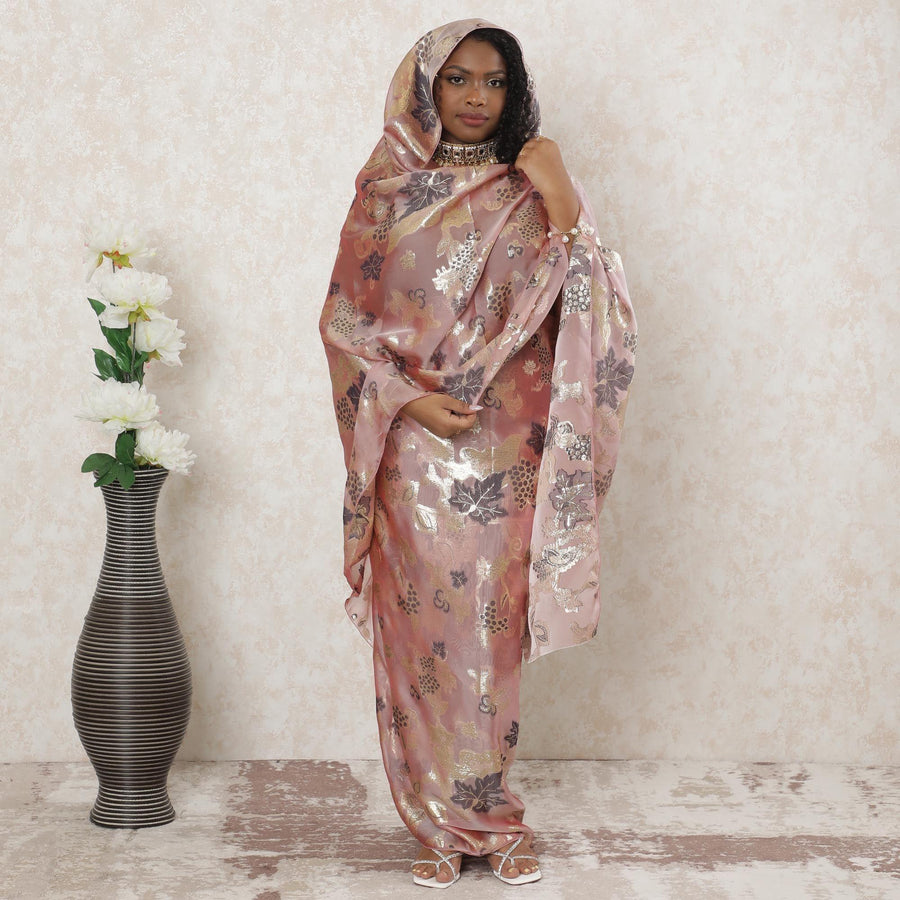 Flamingo pink Premium pure French (Fransawi) silk chiffon thobe with black viscose and gold metallic lurex in floral design-D14375 Regal Fabrics