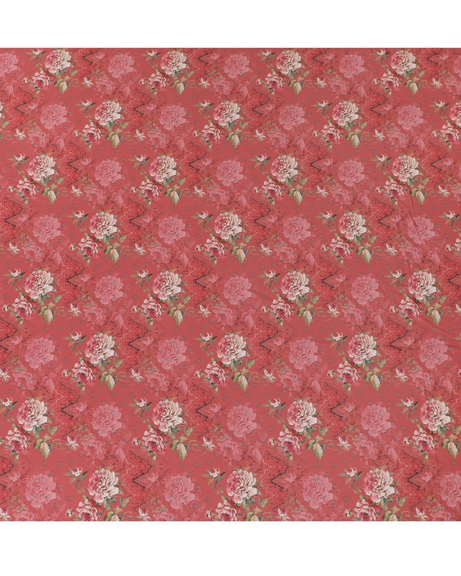 قماش كريب صناعي باللون الأحمر القرميدي مع طباعة متعددة الألوان بتصميم الأزهار-D15026