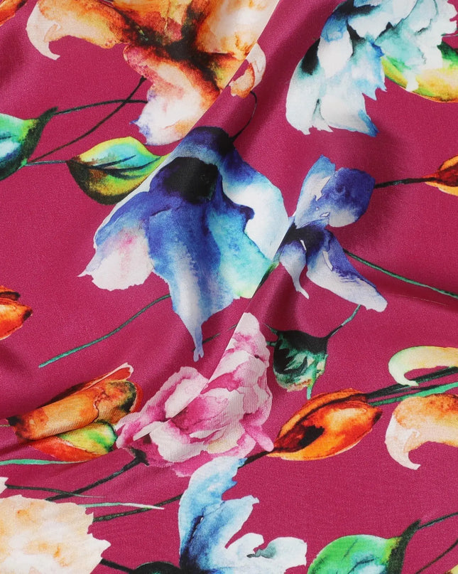 Dark cerise pink synthetic crepe fabric with multicolor print in floral design-D14462 Regal Fabrics