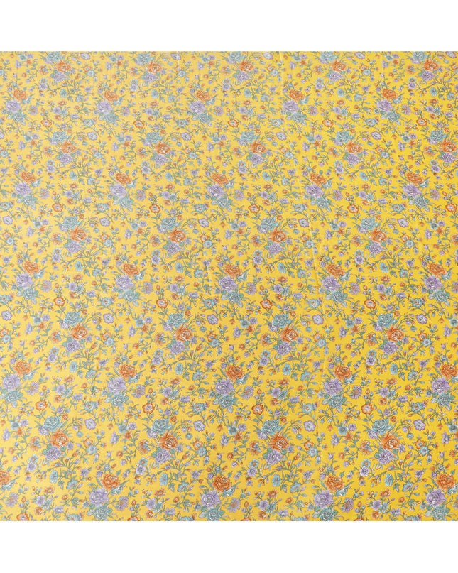 قماش الساتان الحريري الأصفر الهندباء مع طبعات باللون الأخضر والبرتقالي والبنفسجي بتصميم الأزهار-D11141