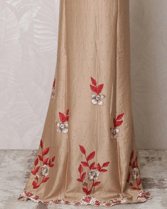 Pale brown blended cotton fabric with beige, crimson red embroidery having stone work in floral design-D14728 Regal Fabrics