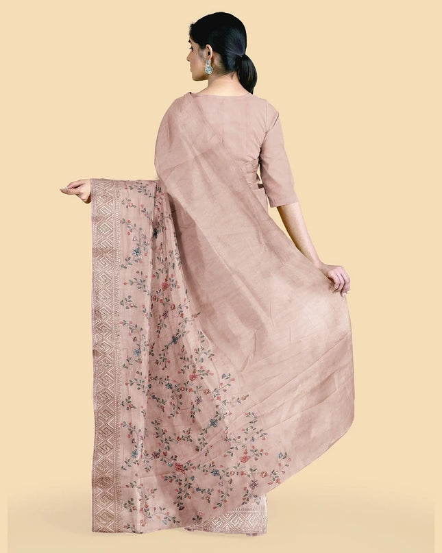 Peach synthetic crepe saree with multi colour embroidery & stones in floral design. Blouse piece in same colour-D12750 Regal Fabrics