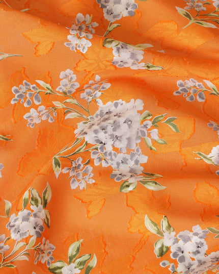 Orange uragiri cotton voile fabric with same tone jacquard grey, black and olive green print in floral design-D14326