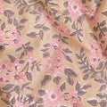 Pale brown organic cotton fabric with baby pink, grey and white print in floral design-D8853