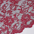 Black lace fabric with brick pink embroidery in floral design-D12083
