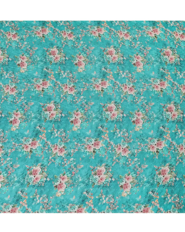 Fountain blue viscose crepe fabric with multicolor print in floral design-D11071 Regal Fabrics