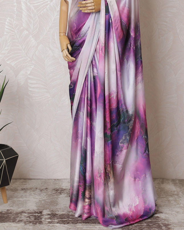 Multicolor printed synthetic satin saree having stone work in fancy deisgn-D15516