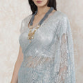 Powder blue, silver Premium pure French metallic chantilly lace saree in floral design-D14501