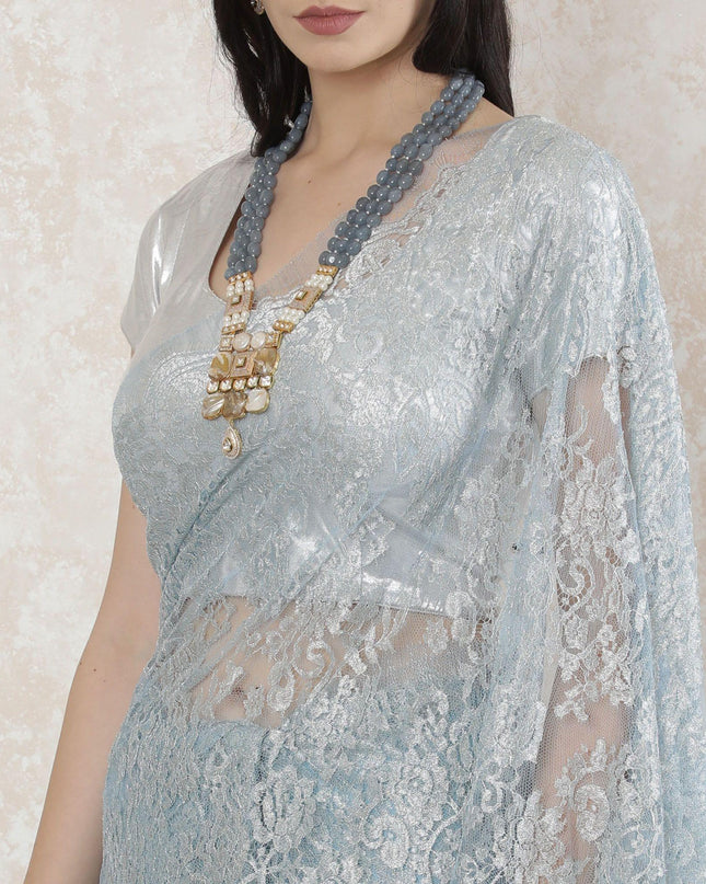 Powder blue, silver Premium pure French metallic chantilly lace saree in floral design-D14501
