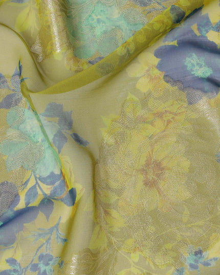 قماش شيفون من الحرير الخالص الفاخر من Mehindi Green مع طباعة زرقاء وفيروزية خضراء مع لوريكس معدني ذهبي بتصميم زهور-D10783