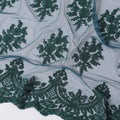 قماش تول نايلون أزرق بترولي مع تطريز أخضر غابي بتصميم زهور-D11779