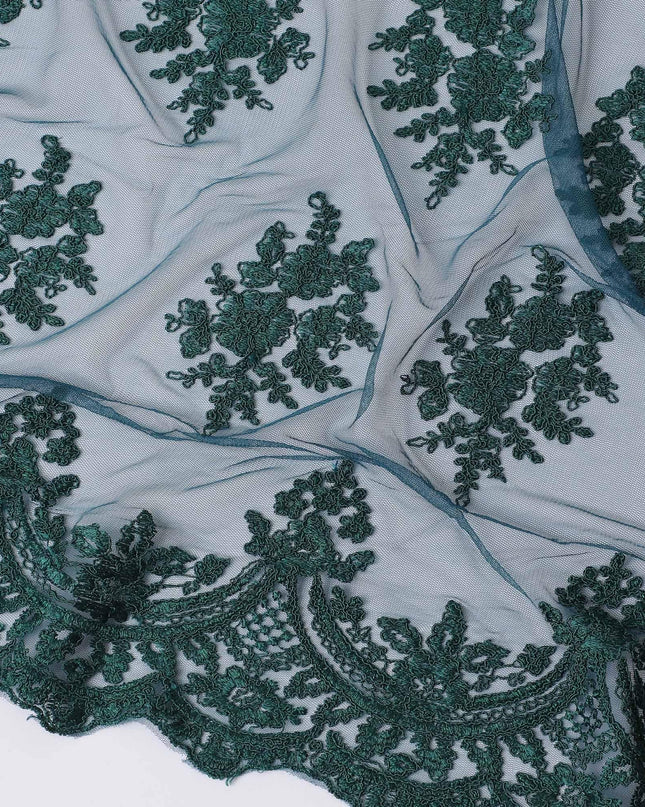 Petrol blue nylon tulle fabric with forest green embroidery in floral design-D11779 Regal Fabrics