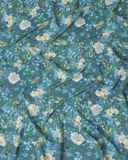 Teal blue viscose crepe fabric with multicolor print in floral design-D13813 Regal Fabrics