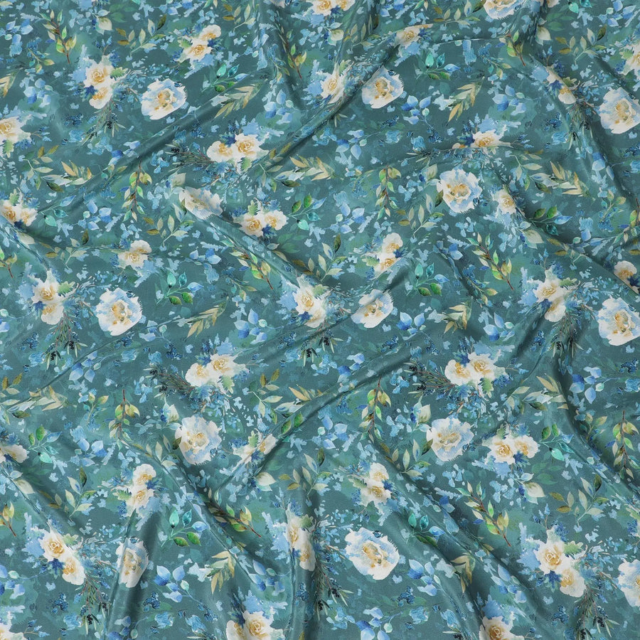 Teal blue viscose crepe fabric with multicolor print in floral design-D13813 Regal Fabrics
